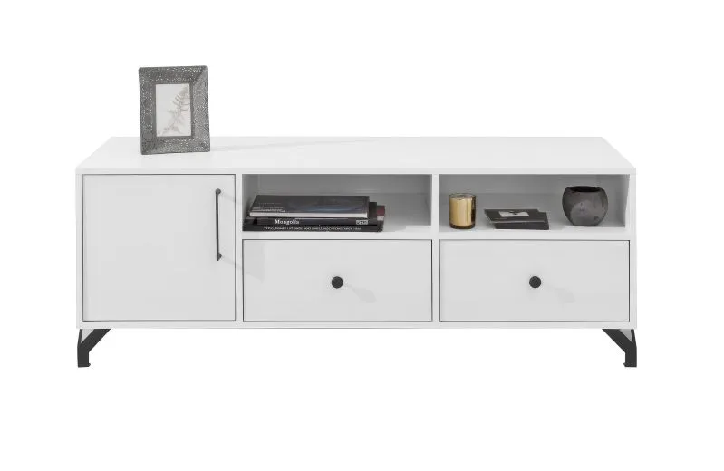 Mobile porta TV Tellin 08 bianco lucido | 2 cassetti, 1 anta | 50 x 140 x 50 cm | Design moderno e funzionale