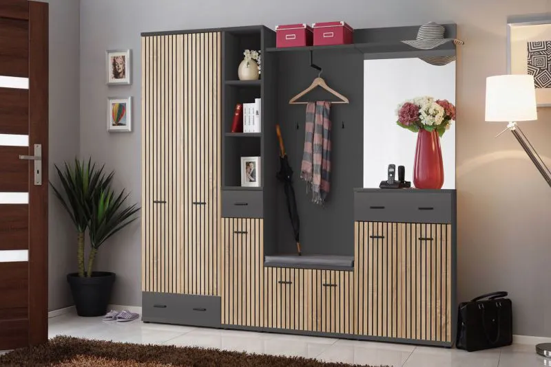 Appendiabiti Ringerike 08 | Antracite e rovere Artisan | 203 x 210 x 32 cm | 10 scomparti | Cuscino di seduta