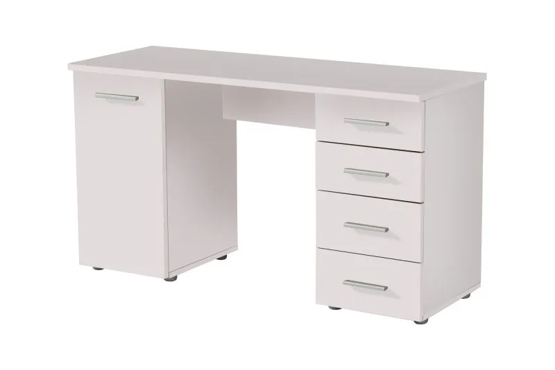 Scrivania Arande 02 bianca | 4 cassetti, 1 anta, 2 scomparti | Maniglie grigie | 75,5 x 135 x 50 cm