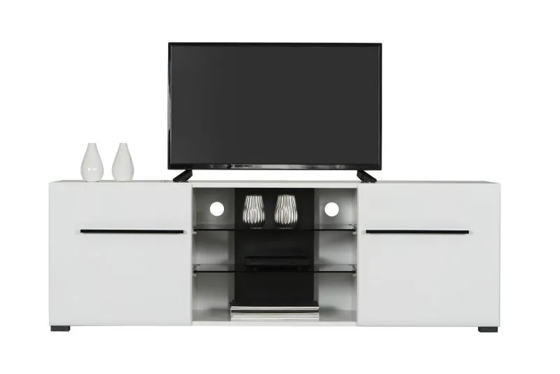 Mobile porta TV Idos 01 | Bianco lucido e nero | 2 ante, 5 scomparti, vetro Parsol | 49,5 x 150 x 41,5 cm