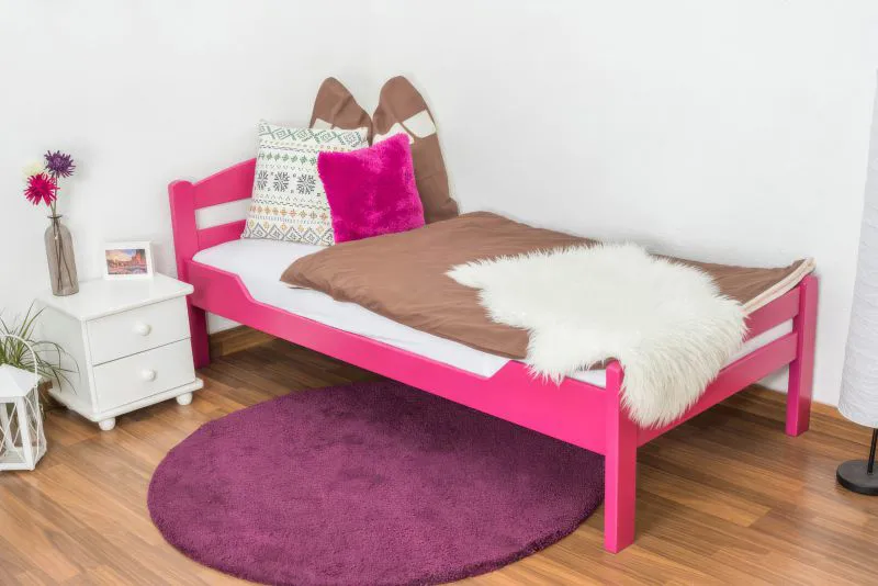 Letto singolo "Easy Premium Line" K1/2n in faggio massello laccato color rosa - 90 x 190 cm
