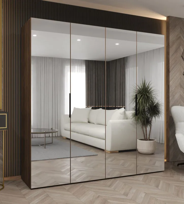 Armadio ad ante battenti "Korab" 202, color noce, maniglie: nere, 4 ante a specchio, 2 scomparti, 2 barre appendiabiti, Sistema "Soft-Close", larghezza: 2 m