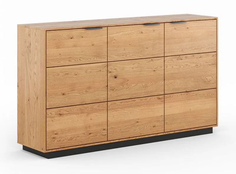 Cassettiera Rania 05 | 84 x 154 x 39 cm | Rovere naturale massiccio oliato | 3 ante | 4 scomparti | 2 ripiani | Chiusura ammortizzata | Maniglie nere