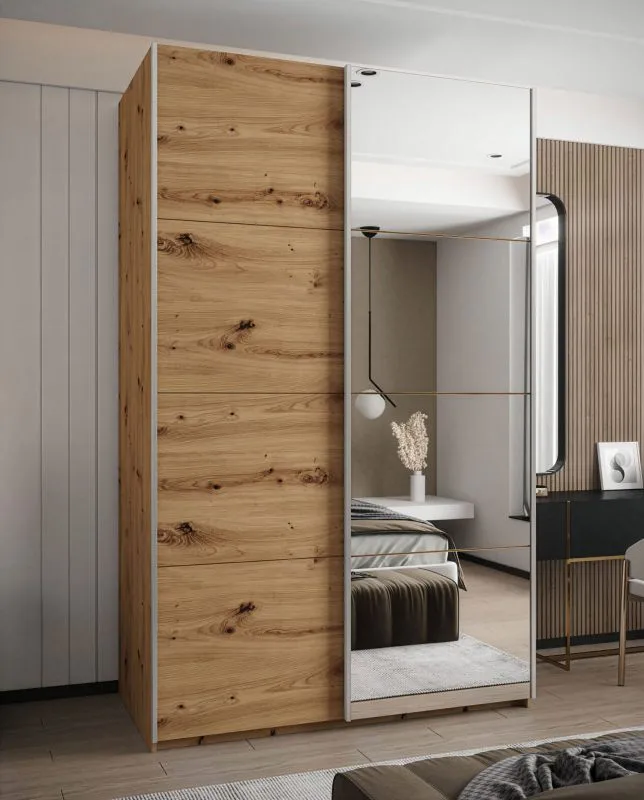 Armadio / Armadio con ante scorrevoli | 245,5 x 150 x 64 cm | Colore: rovere Artisan | 2 ante scorrevoli | Chiusura ammortizzata | Specchio | 2 aste appendiabiti | 6 scomparti