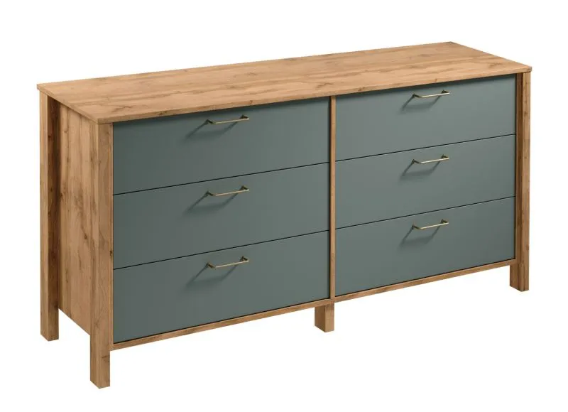 Cassettiera Braianik 21 | Rovere Wotan e verde | 6 cassetti capienti | Maniglie in metallo oro opaco | 81 x 171 x 47 cm