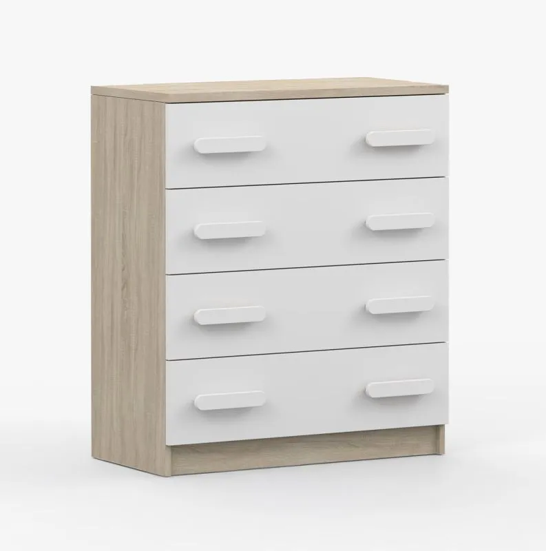 Cassettiera Smolikas 09 | Rovere Sonoma e Bianco | 4 Cassetti | Maniglie in Legno Bianco | 90 x 80 x 40 cm