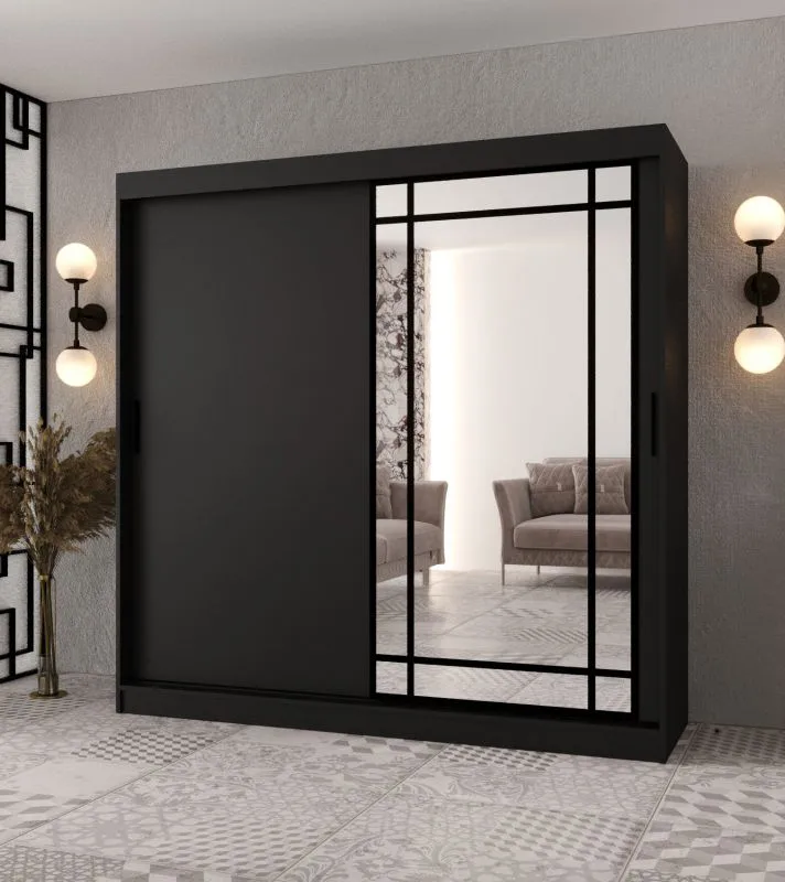 Armadio | Nero opaco | 10 scomparti | 200 x 62 x 200 cm | 2 aste appendiabiti | Porta a specchio decorativa | Armadio con ante scorrevoli | Lavorazione di alta qualità