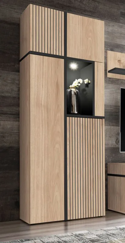 Vetrinetta "Jordalsgrenda" 01, rovere/nero, 4 ante, 10 scomparti, illuminazione a LED, sistema "push to open", 70 x 40 x 195 cm (l x p x h)