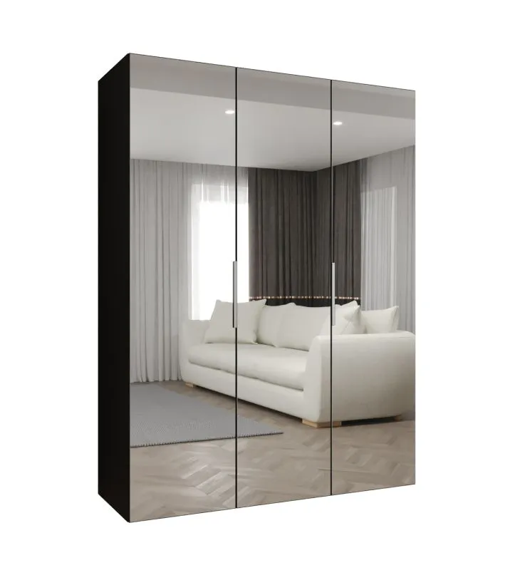 Armadio Korab 128 nero | 3 ante a specchio | 1,5 m larghezza | Maniglie color cashmere | Sistema Soft-Close
