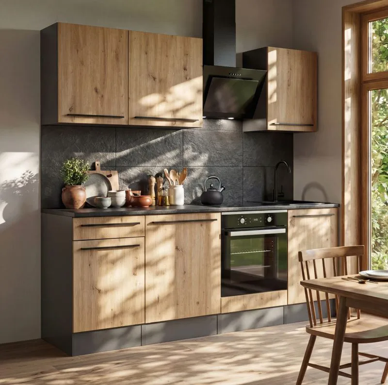 Cucina completa "Verdal" 01, rovere Artisan/antracite, incl. piano di lavoro, 220 x 60 x 210 cm
