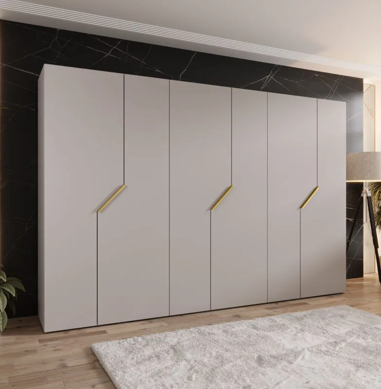 Armadio con ante a battente | colore: cashmere | 6 ante | 3 appendiabiti | bordi in ABS | maniglie: oro | dimensioni: 300 x 52 x 202 cm | funzione soft-close | 3 vani