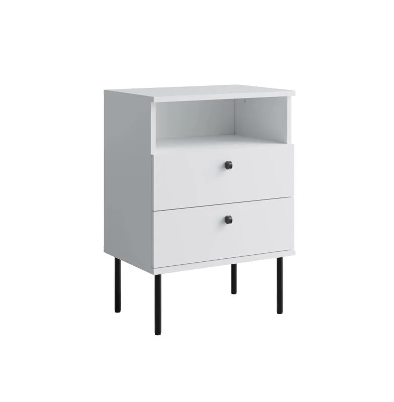 Comodino Almyros 06 | Bianco e nero | 2 cassetti, 1 vano a giorno | Bordi in ABS | 69,5 x 50 x 34 cm