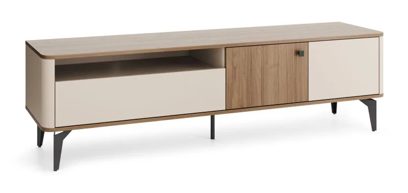 Base TV | noce/cashmere | 180 x 40 x 51 cm | 2 ante | cassetto con sistema soft close | sistema push-to-open | gambe in metallo | bordi in ABS | 3 scomparti | Belladere 06