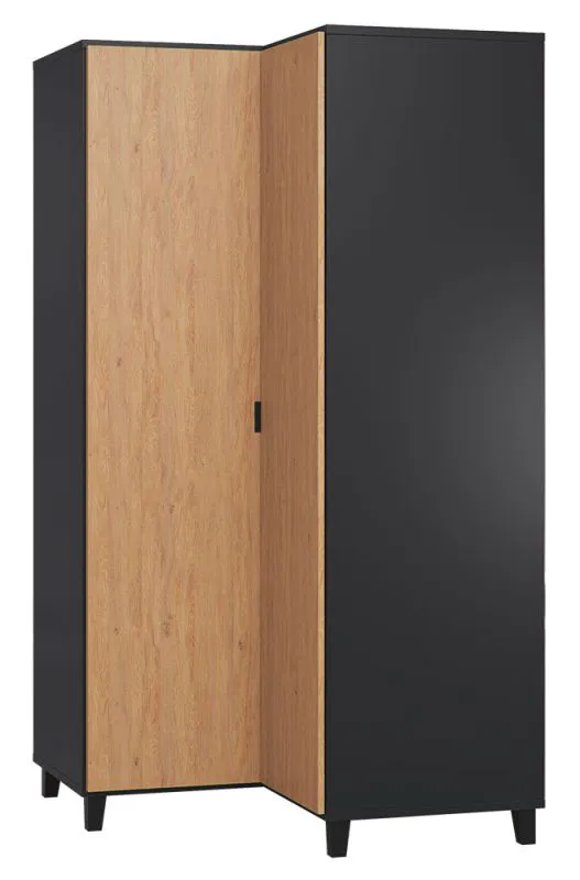 Armadio angolare Leoncho 40 | Nero e rovere | 195 x 102 x 104 cm | Soft touch, LED, moderno