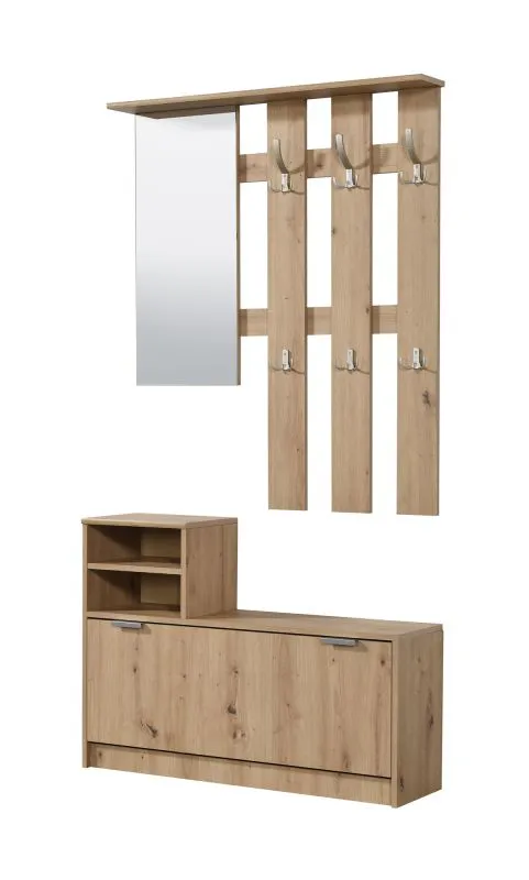 Appendiabiti con scarpiera Banevo 01 | Rovere Artisan | Specchio integrato | 6 ganci | Ripiano pratico | 191,5 x 100 x 29 cm