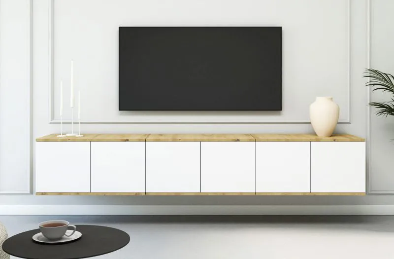 Mobile TV "Jaralillo" 07, color rovere Artisan/bianco, 6 ante, 12 scomparti, Sistema "push-to-open", 210 x 40 x 40 cm