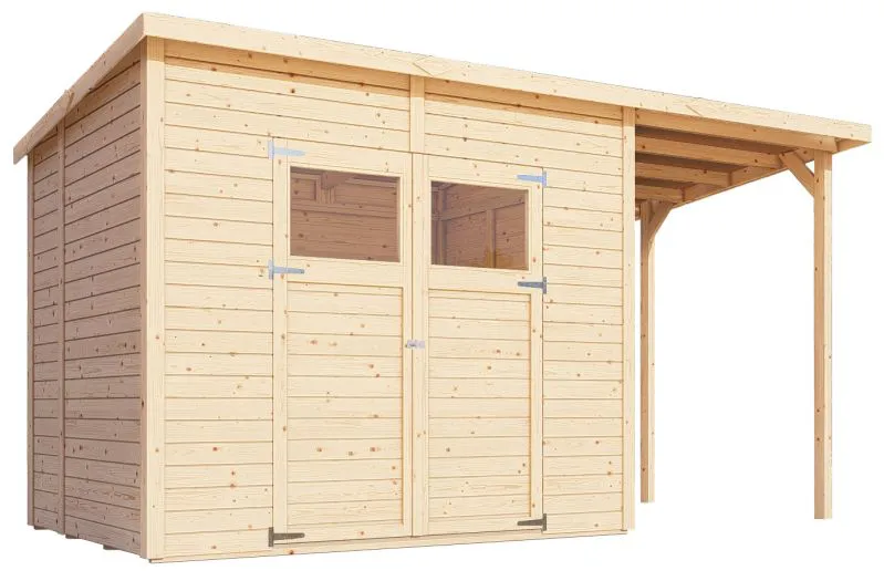 Casetta da giardino Dresden 03 con tetto aggiuntivo incl. pavimento, finitura naturale - Casetta da giardino prefabbricata da 14 mm, superficie utile: 4,20 m², tetto a una falda