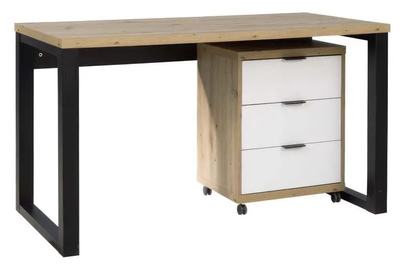 Scrivania Merosina 02 | Rovere Artisan, Nero, Bianco | 75 x 135 x 65 cm | Cassettiera mobile