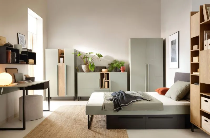 Cameretta completa 7 pezzi | Verde menta, rovere scuro e nero | Design moderno | Montaggio facile