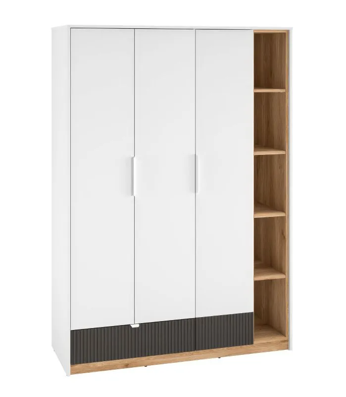 Armadio 3 ante Mackinac 01 | Bianco/Rovere/Grafite opaco | Chiusura ammortizzata | 196x138x53 cm | 1 cassetto, 11 vani
