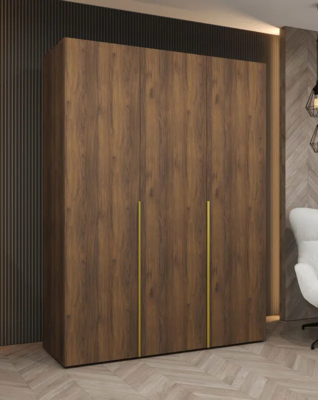 Armadio ad ante battenti "Eiger" 171, color noce, maniglie: oro, 3 ante, 2 scomparti, 2 barre appendiabiti, Sistema "Soft-Close", larghezza: 1,5 m