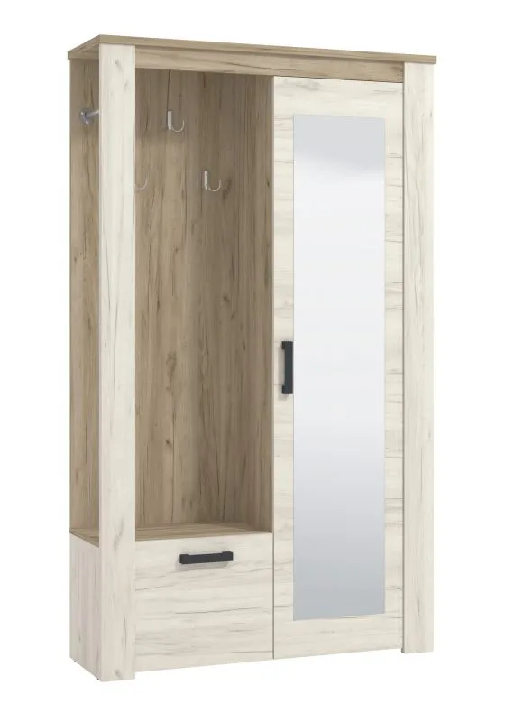 Appendiabiti Zemun 11 | Rovere grigio e bianco | Specchio integrato | 3 ganci | 6 scomparti | 195 x 114 x 36,5 cm
