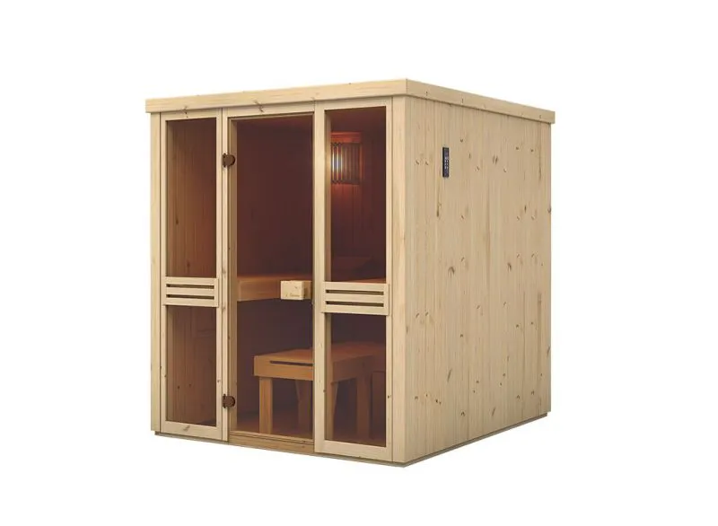 Sauna prefabbricata "Kawir" 68 mm, con 2 finestre e tetto con bordino - misure esterne (l x p x h): 175 x 194 x 199 cm