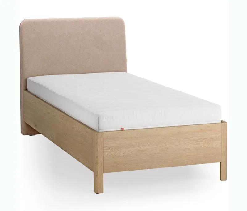 Letto singolo "Olimar" 27, rovere massiccio, color rovere/ecru, incl. rete a doghe, testiera imbottita, 90 x 200 cm