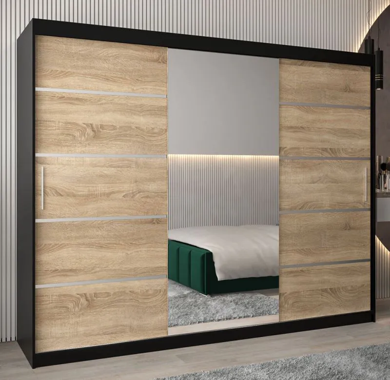 Armadio Jan 06B con ante scorrevoli e specchio | Nero/Rovere Sonoma | 200x250x62 cm | Design moderno salvaspazio