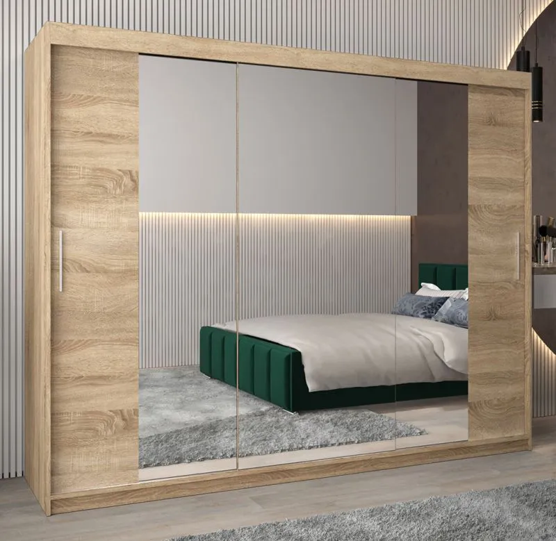 Armadio scorrevole Bisaurin 6C con specchio | Rovere Sonoma | 200 x 250 x 62 cm | Design moderno