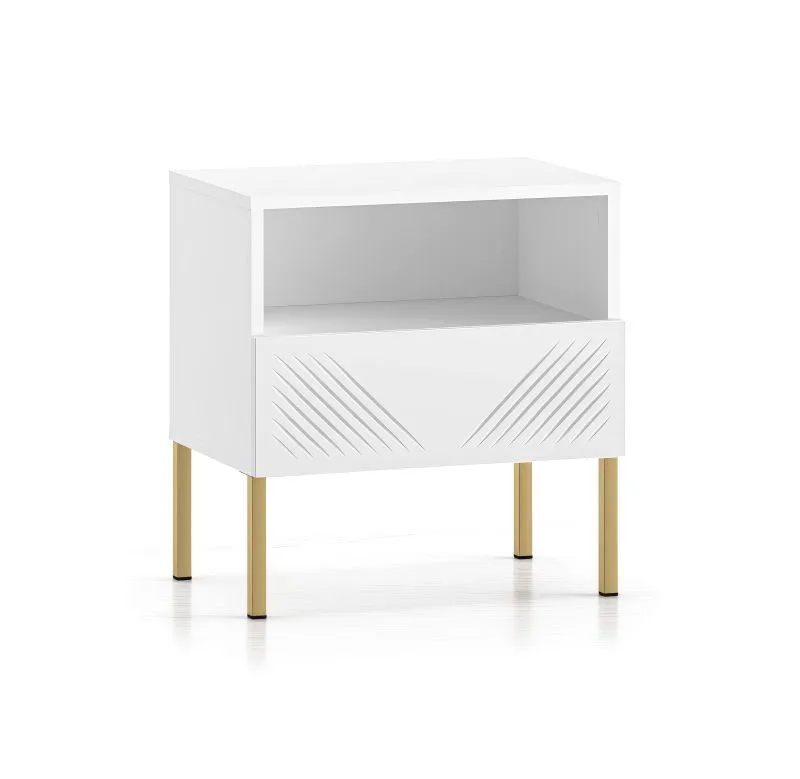Comodino bianco opaco con funzione push-to-open | 1 cassetto e scomparto | Gambe oro | 53 x 50 x 34 cm | Chiusura ammortizzata