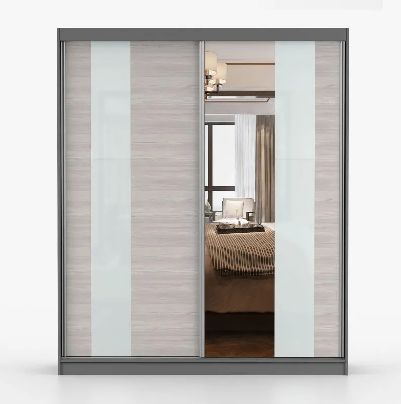 Armadio scorrevole Gorski 35 | Bianco opaco e grigio | Specchio frontale | 6 scomparti | 218 x 203 x 61 cm