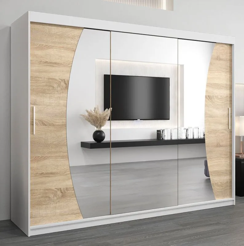 Armadio scorrevole con specchio | Bianco opaco e Rovere Sonoma | 200 x 250 x 62 cm | Design moderno