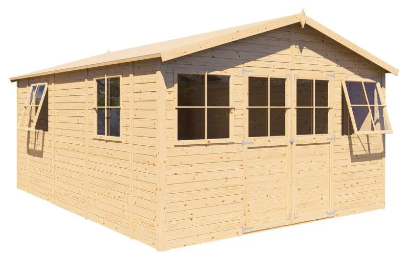 Casetta da giardino, legno grezzo, porta doppia, finestre apribili - 3,5 x 4,7 m, tetto a due falde