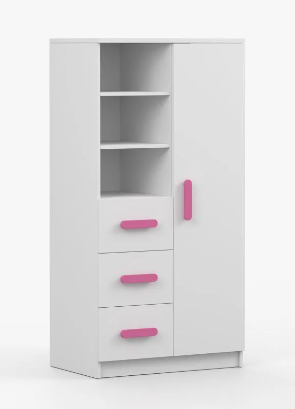 Libreria con armadietto Smolikas 42 | Bianco, 7 scomparti, 3 cassetti | Maniglie rosa | 159 x 80 x 40 cm