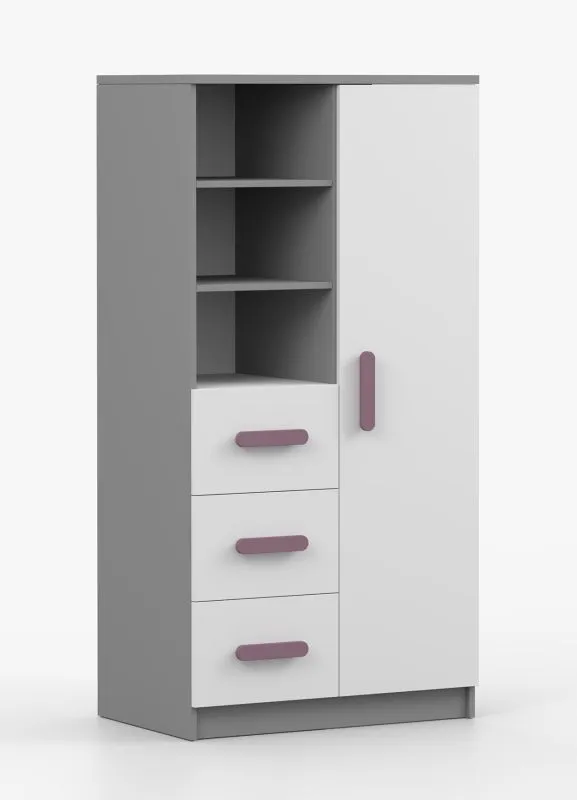 Armadio battente Smolikas 38 | Bianco e grigio | 7 scomparti, 3 cassetti | Maniglie viola | 159 x 80 x 40 cm