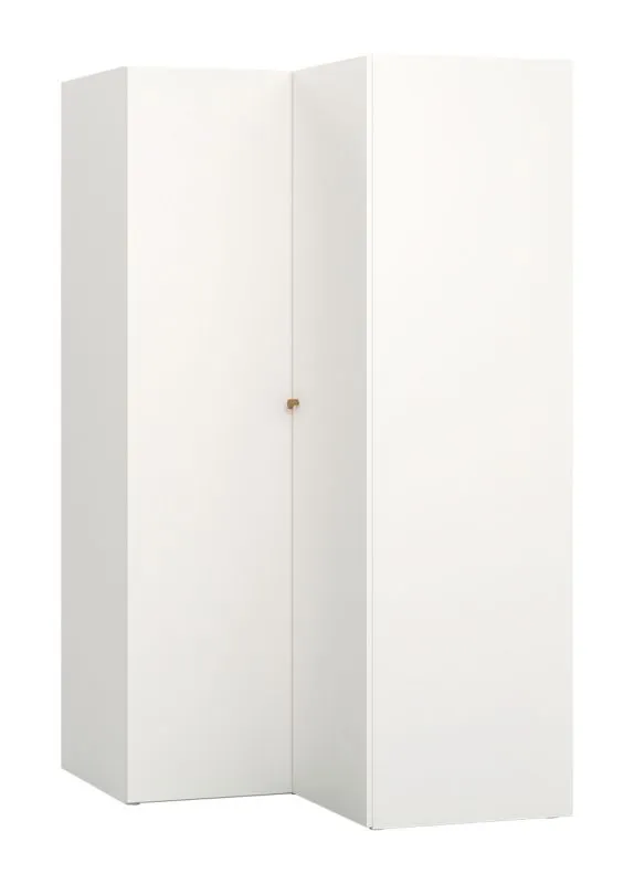 Armadio angolare con sei scomparti | Bianco e rovere | 202,5 x 108,5 x 111 cm | 2 appendiabiti | LED integrato