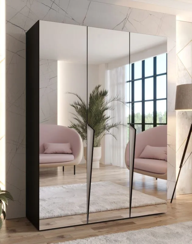 Armadio con ante a specchio "Rida" 14, nero, maniglie: cashmere, 3 ante, 2 scomparti, 2 barre appendiabiti, Sistema "Soft-Close", bordi in ABS, 150 x 52 x 202 cm