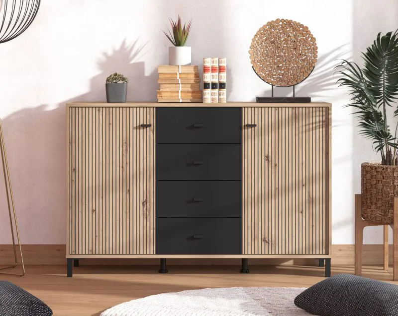 Madia "Kladovo", color rovere Artisan/nero, 2 ante a battenti, 4 scomparti, 4 cassetti, bordi in ABS, 138 x 40 x 90 cm