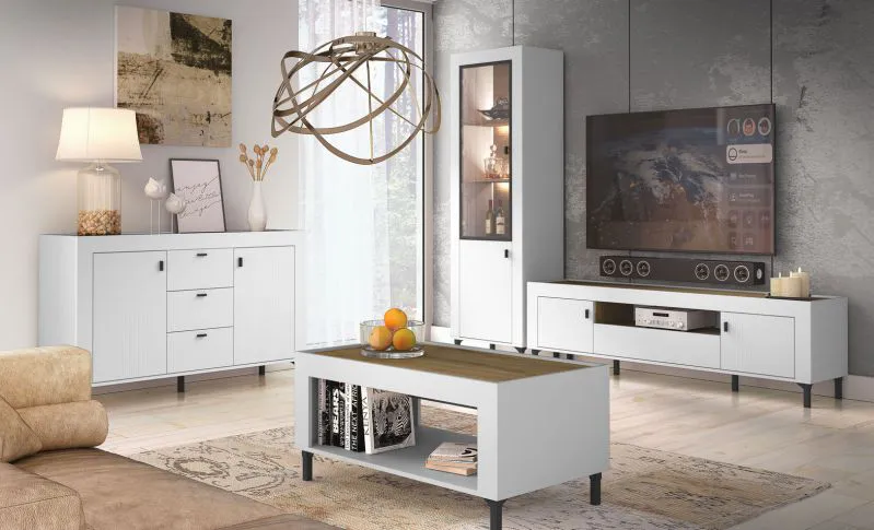 Soggiorno 4 pezzi Q Barbe | Bianco opaco/Rovere | Bordi ABS | Maniglie nere | Design moderno salvaspazio