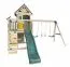 Torretta gioco “Castello incantato” | con scivolo a onde, parete da arrampicata e 3 altalene | 432 x 411 x 307 cm | Finitura naturale | Legno di cedro | Cannocchiale, lavagna e mini-angolo cucina
