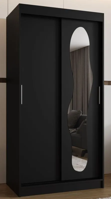 Armadio nero con ante scorrevoli e specchio | 1 m larghezza | 5 scomparti | Alluminio e legno | 2 barre appendiabiti