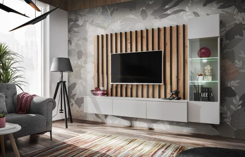 Pensile da soggiorno Kinn 04 | Rovere Artisan e grigio | 148 x 220 x 35 cm | 4 ante, 8 vani