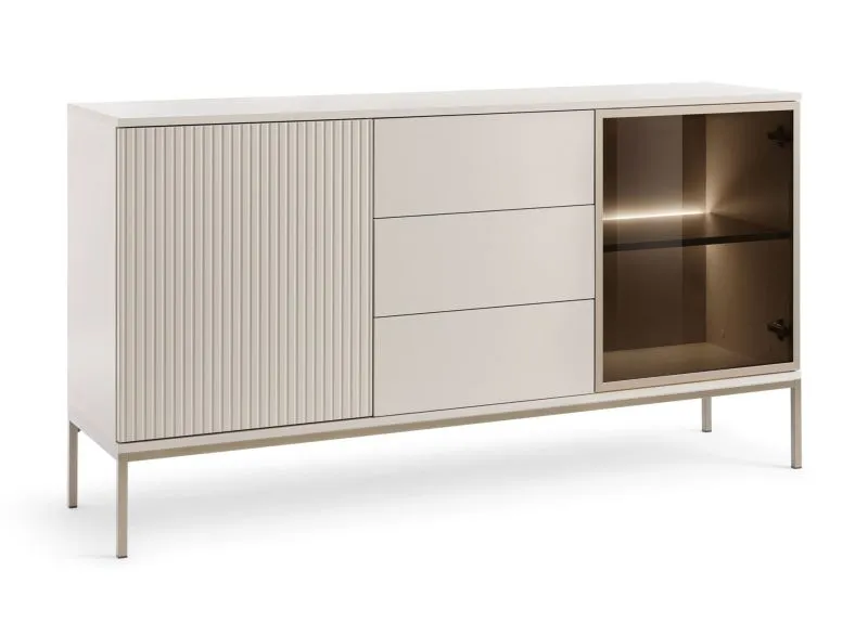 Credenza moderna con anta in vetro illuminata | LED integrato | 83 x 154 x 39 cm | Cachemire | 3 cassetti, 2 ante, 4 scomparti | Apertura a pressione