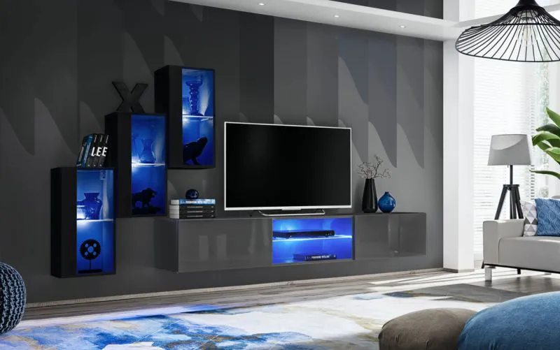 Parete attrezzata con tre pensili Volleberg 26 | Nero/Grigio | 5 ante | 120 x 210 x 40 cm
