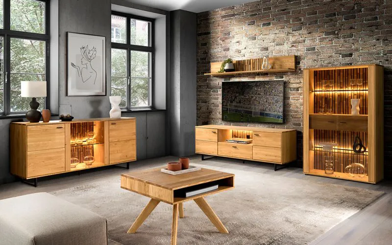 Set soggiorno Nobres 5 pezzi | Rovere naturale e vetro Antisol marrone | Dettagli neri moderni | Doghe decorative
