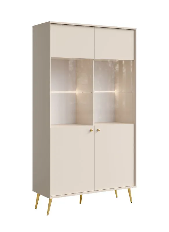 Vetrinetta "Egaleo" 01, beige, maniglie e gambe: oro, 2 ripiani in vetro, 10 scomparti, 105,5 x 40,5 x 191 cm