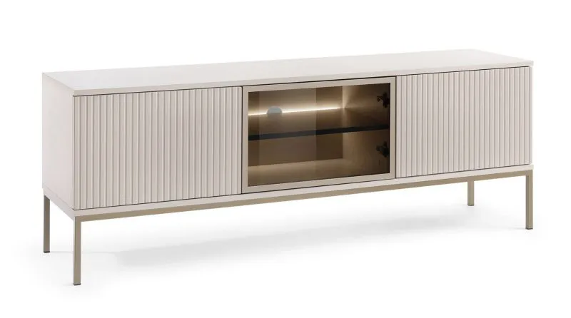 Mobile TV elegante push-to-open | Cashmere | 56 x 154 x 39 cm | 3 ante, 4 scomparti | Illuminazione LED | Bordi ABS