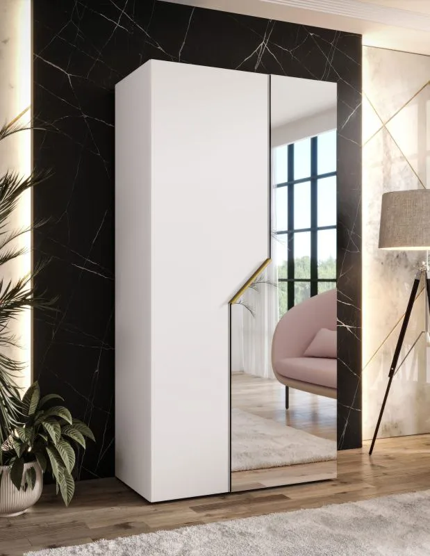 Armadio | 1 anta a specchio | colore: bianco | 1 scomparto | 1 asta appendiabiti | maniglie: oro | armadio ad ante battenti | dimensioni: 100 x 52 x 202 cm | funzione soft-close