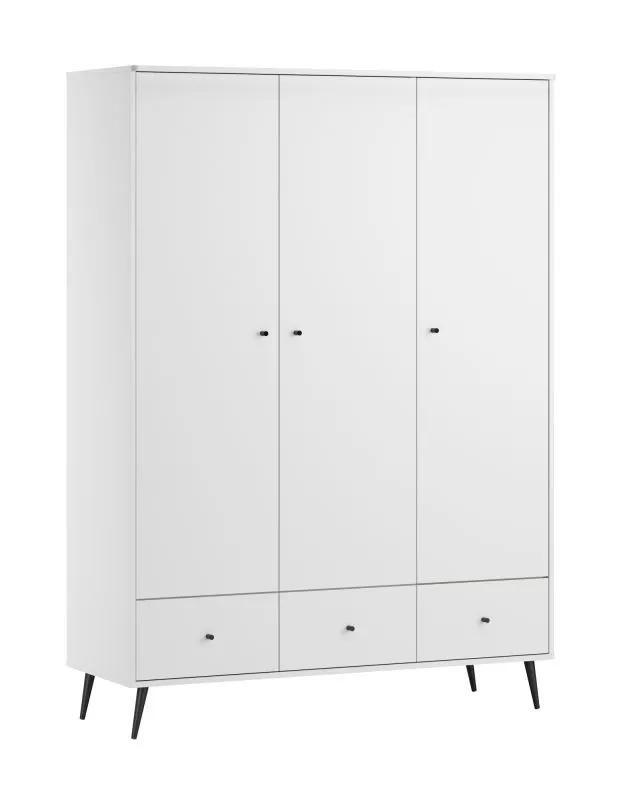 Armadio ad ante battenti "Malte" 01, bianco, maniglie e gambe: nero, 3 ante, 3 cassetti, Sistema "Soft-Close", 133 x 50 x 185 cm